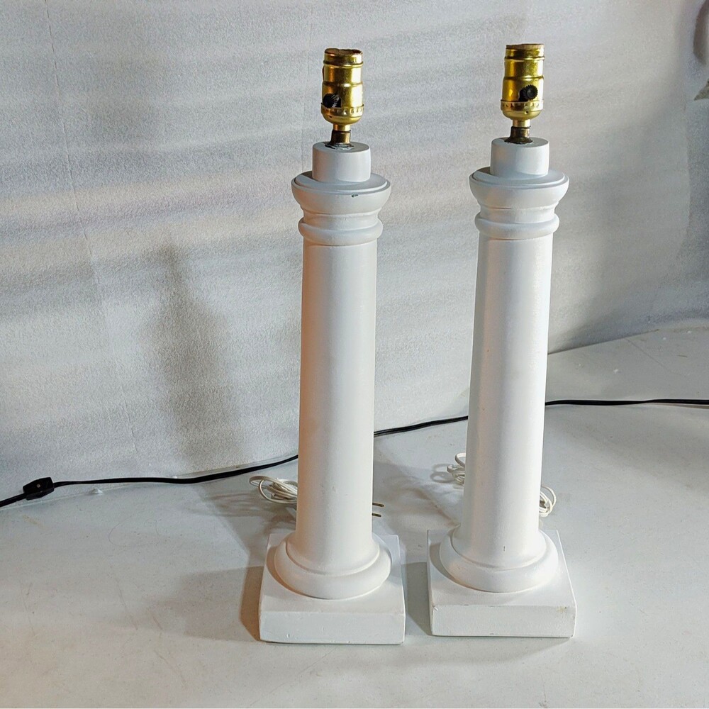 Pair White Column Table Lamp Bases Brass-Tone Sockets Corded Rotary Switch 1340